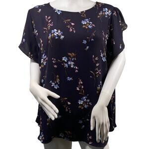 Premise Woman Blouse Size 2X Navy Floral Chiffon Short Sleeve Button Spring